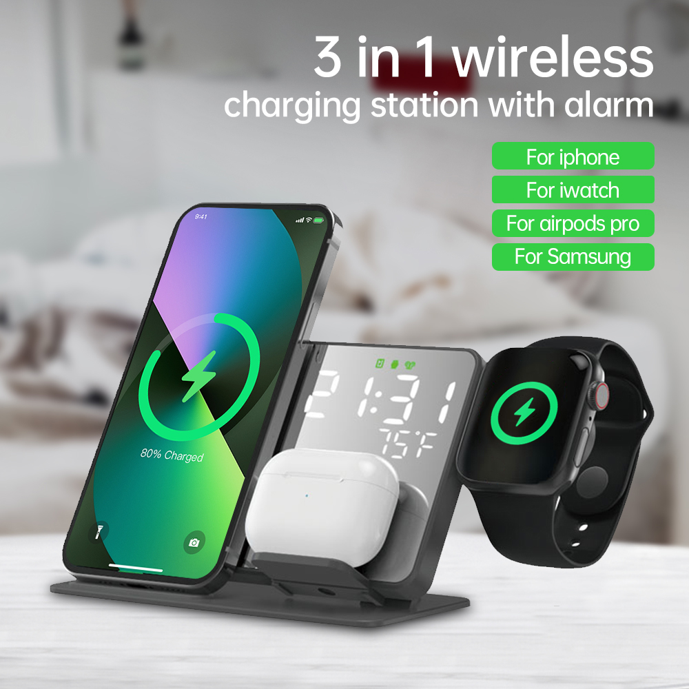 Smartwatch Watches Digital - 3で1ワイヤレス充電器14 13 12プロ時計S8 7 15ワット高速充電ドックステーションデスクトップledデジタルアラーム時計