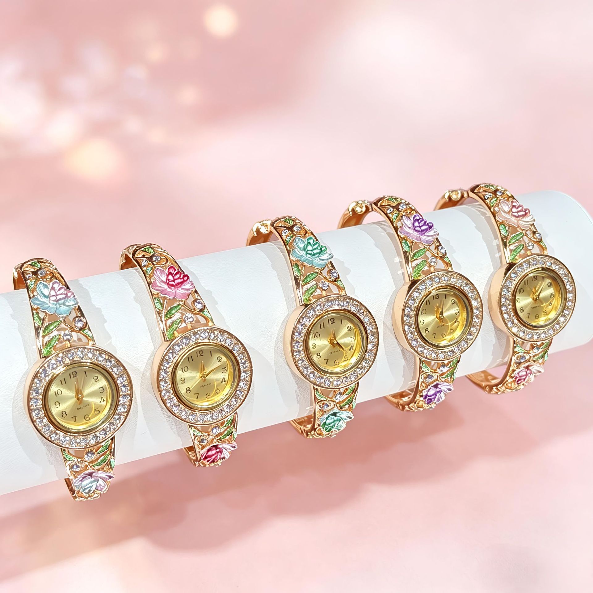 Vintage Digital Watch - ヴィンテージゴールドエナメルフラワー腕時計 女性用 ホローラインストーンバングルクォーツウォッチ エレガントなレディースデイリードレスジュエリーギフト