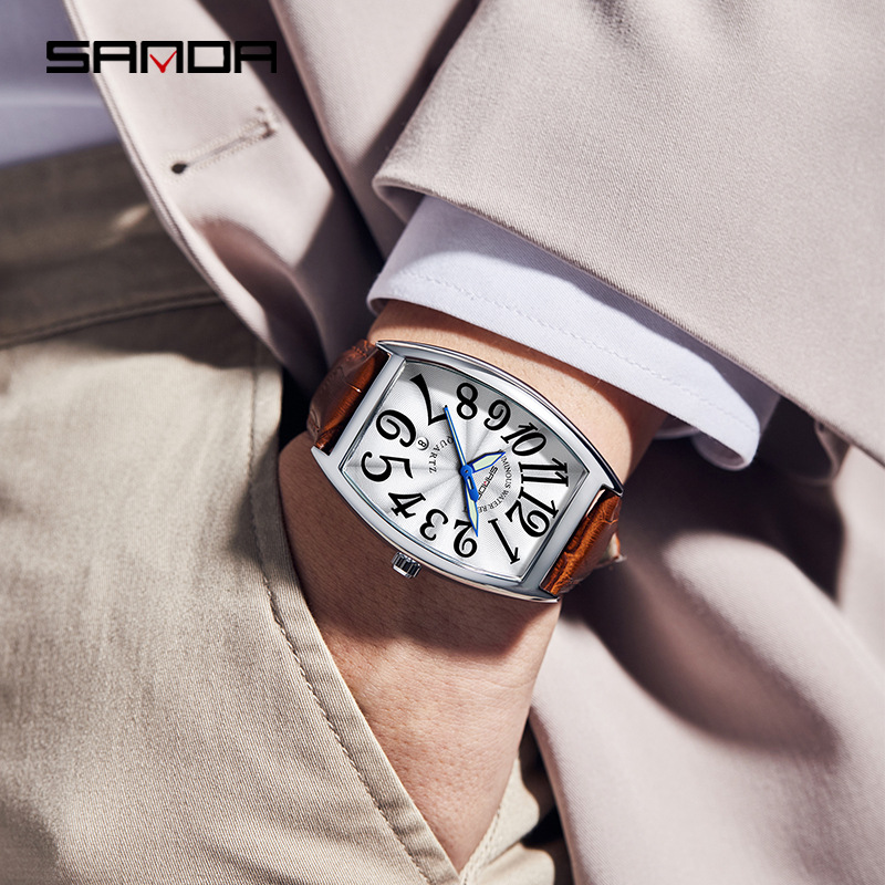 Leather Watch Strap - SANDA 新しいクォーツメンズ腕時計カジュアルファッションシンプルなデザインバレル形状ダイヤル本革ストラップ防水ビジネスメンズ腕時計