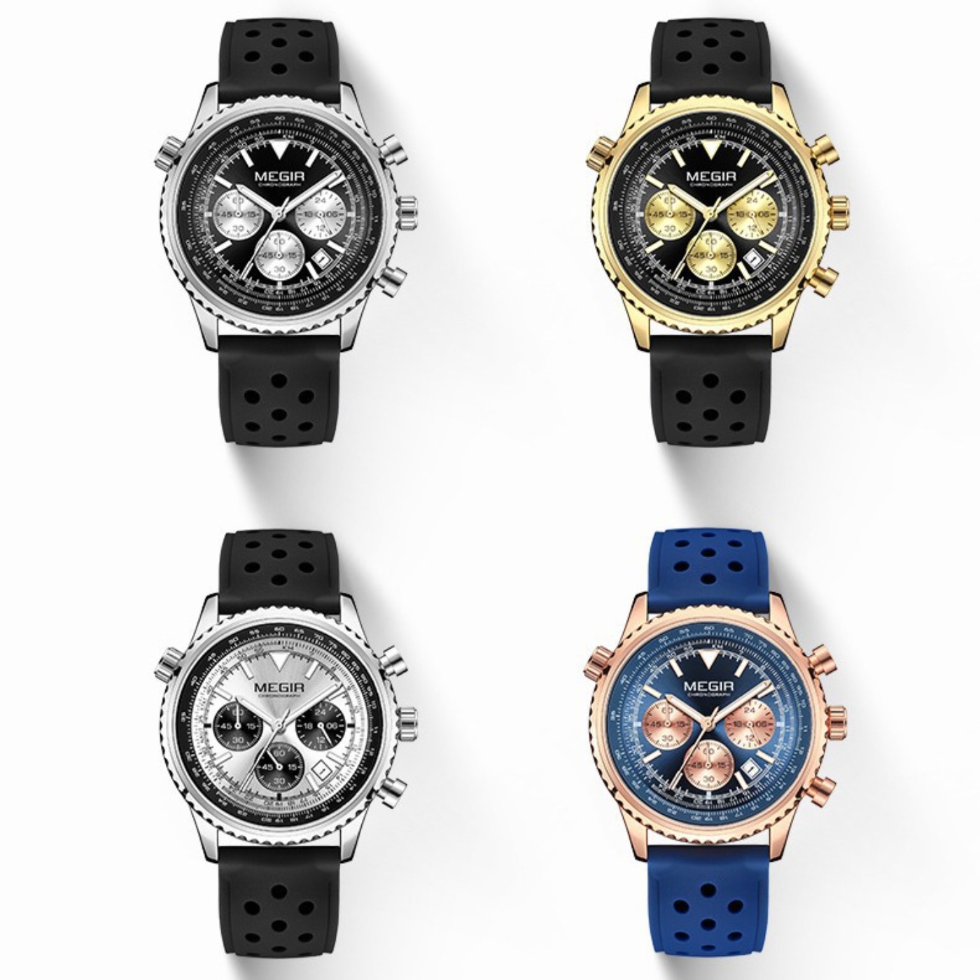 Leather Watch Strap - MEGIR シルバーブラッククォーツ時計メンズミリタリースポーツクロノグラフ腕時計シリコンストラップ付き夜光針自動日付 2236