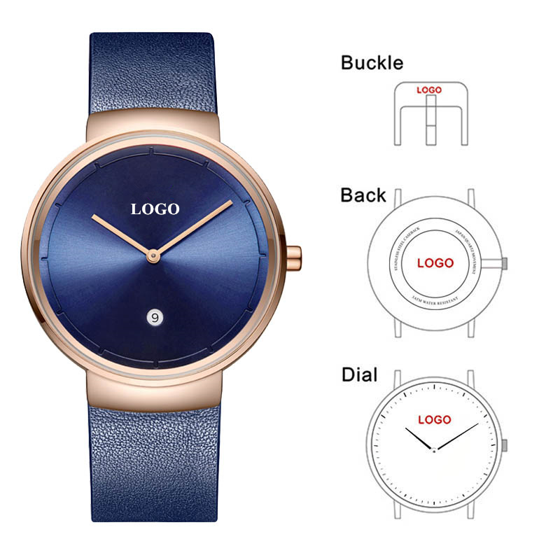 Leather Watch Strap - 男性と女性のためのcl032ファクトリーウォッチ,あなた自身のブランドの時計,カスタムロゴウォッチ,ブルーストラップ付きのパーソナライズされたブルーダイヤル