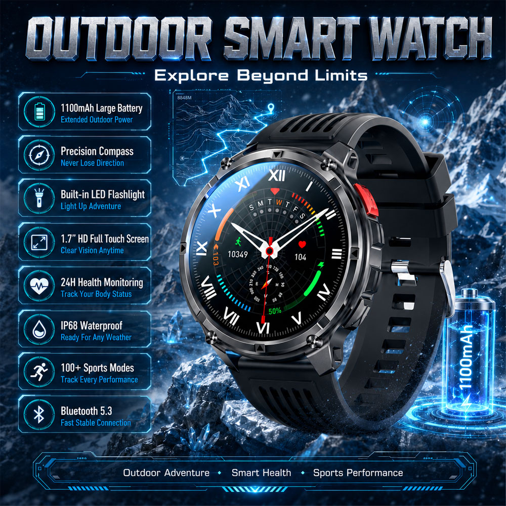 Smartwatch Rugged Watches For Men - 2026年新型YAOCX AMOLEDスマートウォッチ メンズ 1.70インチHD大画面 1100mAhコンパス搭載 頑丈なアウトドアスポーツウォッチ
