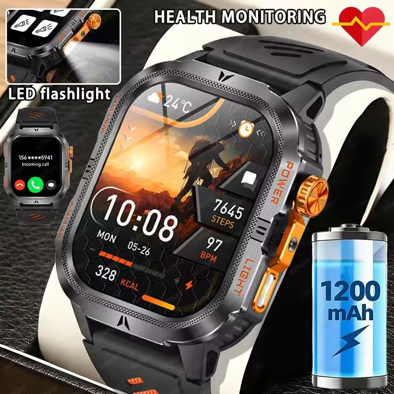 Smartwatch Rugged Watches For Men - 2026 頑丈な 1200mAh 大型バッテリー軍事スマートウォッチメンズアウトドアウォッチ 2.01 インチ
