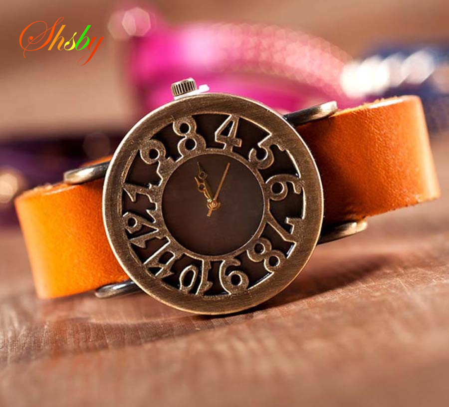 Vintage Digital Watch - Shsby-ローマスタイルのクォーツ時計,女性用,本物の牛革ストラップ,ヴィンテージデジタル,透かし彫り,新しいコレクション
