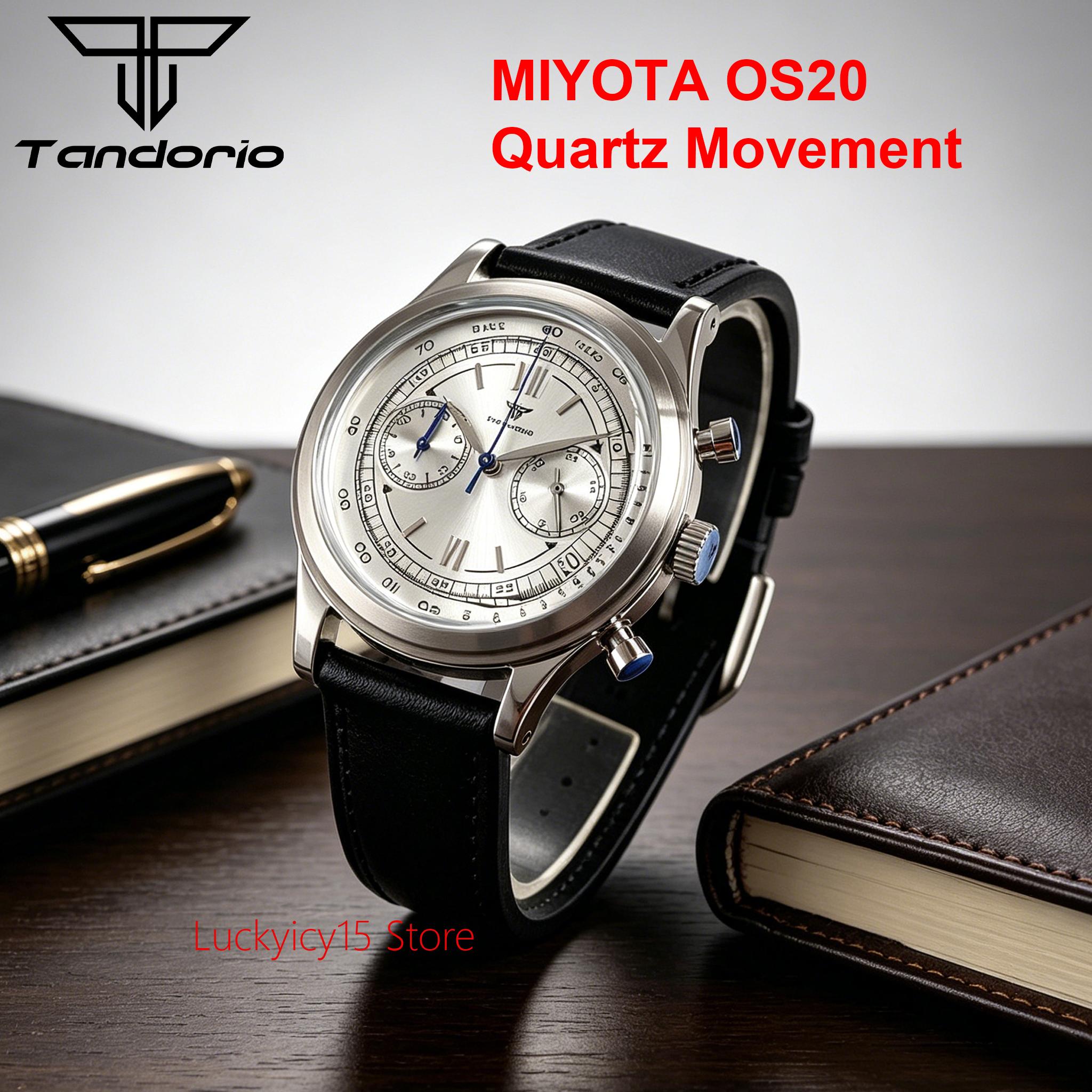 Vintage Digital Watch - ヴィンテージクォーツ腕時計男性用 MIYOTA OS20 多機能クロノグラフミネラルガラス 38 ミリメートルスポーツメンズ腕時計レザータンドリオ