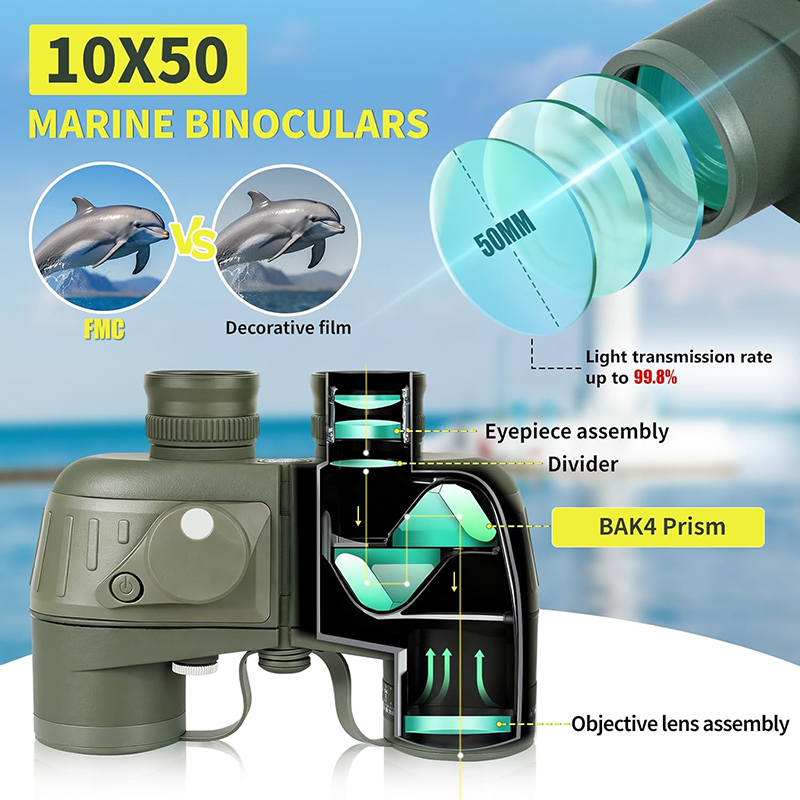双眼鏡 10x50 海洋軍事望遠鏡大人用防水距離計コンパス付 - Tide Watch Surf のレビューと価格