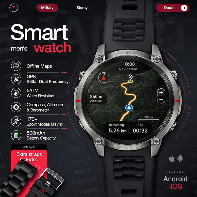 新しい頑丈な軍事 GPS オフラインマップスマートウォッチ屋 - Smartwatch Rugged Watches For Men のレビューと価格